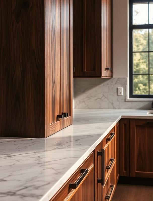 Walnut kitchen cabinetry with marble countertop