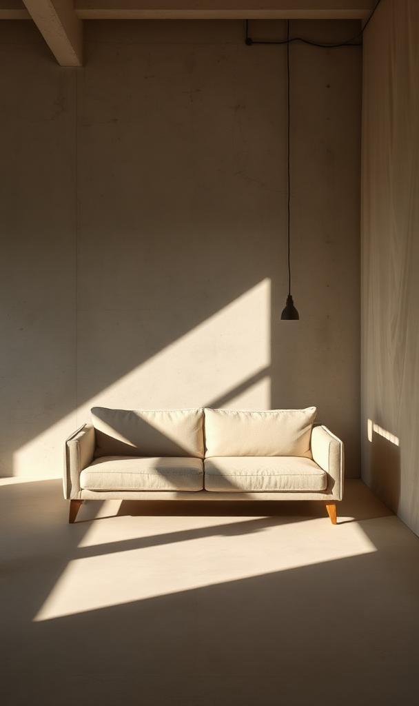 Linen sofa in a sunlit concrete room